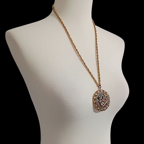 Vintage Comedy Tragedy Mask Necklace MCM Gold Tone Rhinestones Mardi Gras 70s - Picture 7 of 15